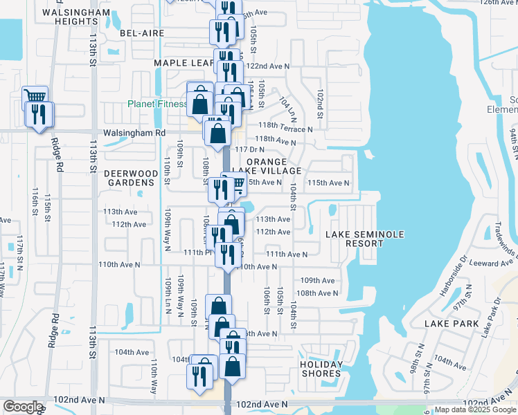 map of restaurants, bars, coffee shops, grocery stores, and more near 10563 114th Avenue North in Largo