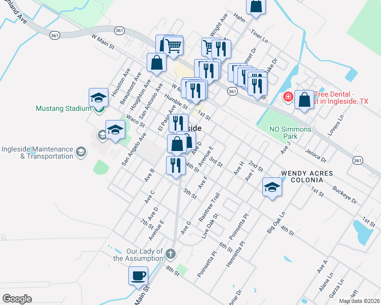 map of restaurants, bars, coffee shops, grocery stores, and more near 2710 Avenue D in Ingleside