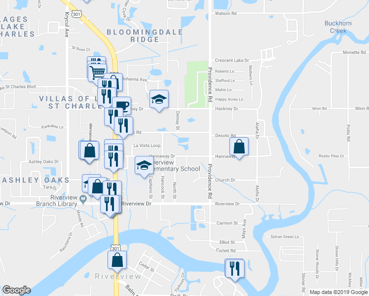 map of restaurants, bars, coffee shops, grocery stores, and more near 11023 Desoto Road in Riverview