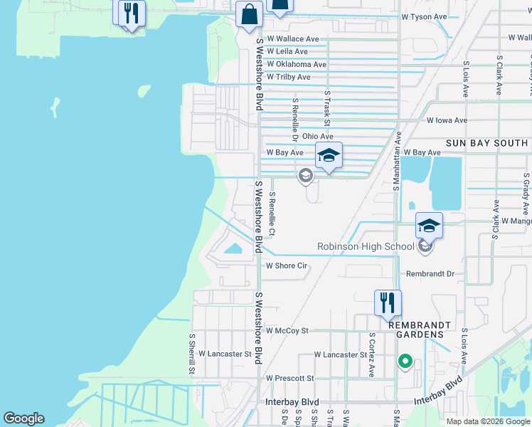 map of restaurants, bars, coffee shops, grocery stores, and more near 6321 South Renellie Court in Tampa