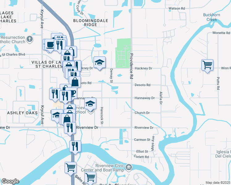 map of restaurants, bars, coffee shops, grocery stores, and more near 11023 Desoto Road in Riverview