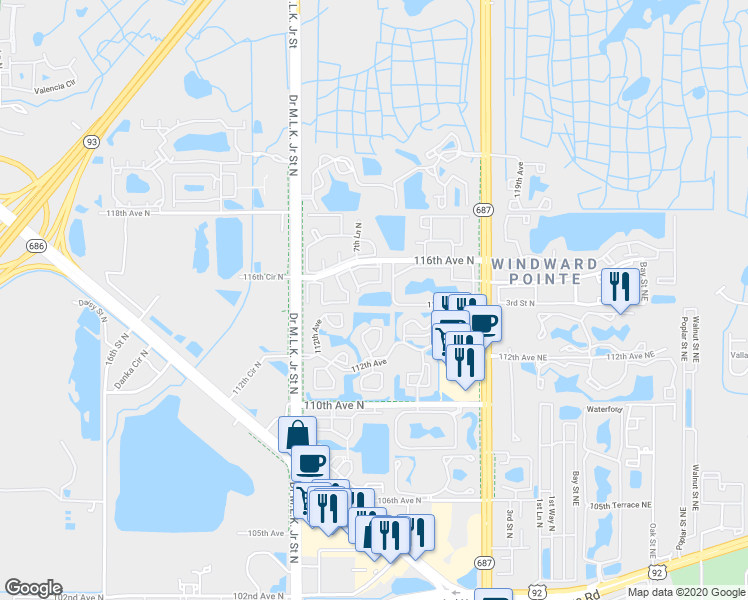 map of restaurants, bars, coffee shops, grocery stores, and more near 1 116th Avenue North in St. Petersburg