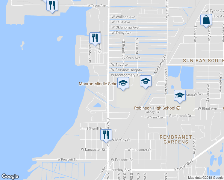 map of restaurants, bars, coffee shops, grocery stores, and more near 6321 South Renellie Court in Tampa