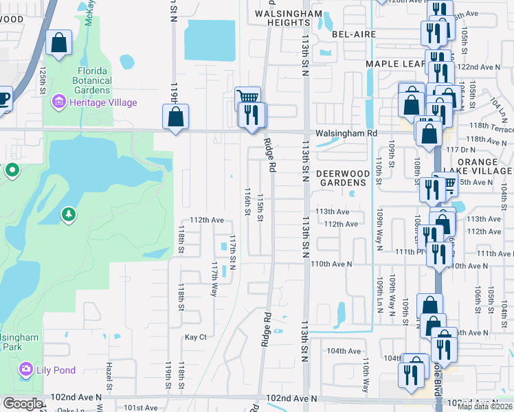 map of restaurants, bars, coffee shops, grocery stores, and more near 11366 115th Street in Largo