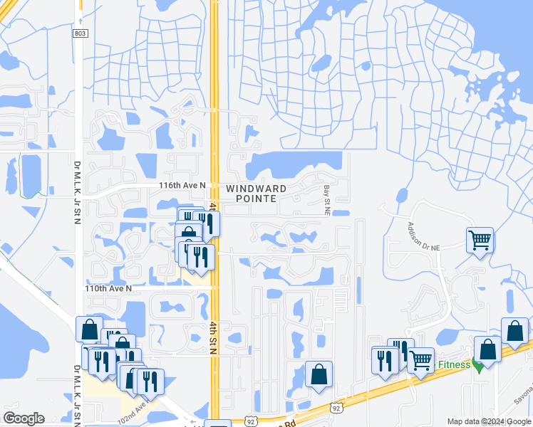 map of restaurants, bars, coffee shops, grocery stores, and more near 255 114th Avenue North in Saint Petersburg