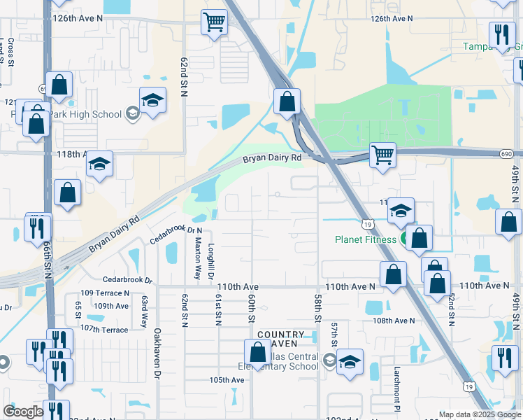 map of restaurants, bars, coffee shops, grocery stores, and more near 5815 114th Terrace North in Pinellas Park