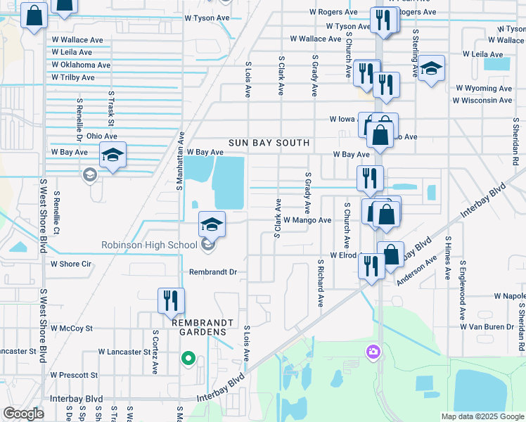 map of restaurants, bars, coffee shops, grocery stores, and more near 4110 W Olive St in Tampa
