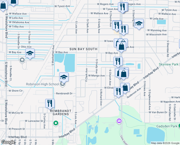 map of restaurants, bars, coffee shops, grocery stores, and more near 4012 West Olive Street in Tampa