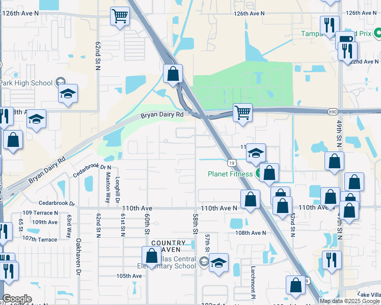 map of restaurants, bars, coffee shops, grocery stores, and more near 5815 114th Terrace North in Pinellas Park