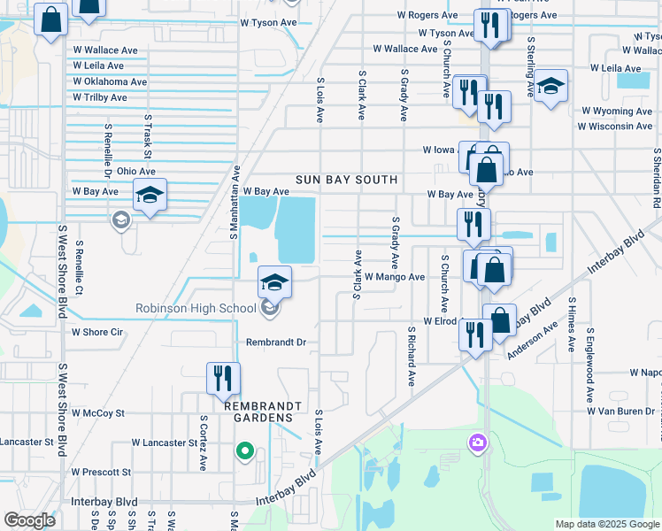 map of restaurants, bars, coffee shops, grocery stores, and more near 4110 West Olive Street in Tampa