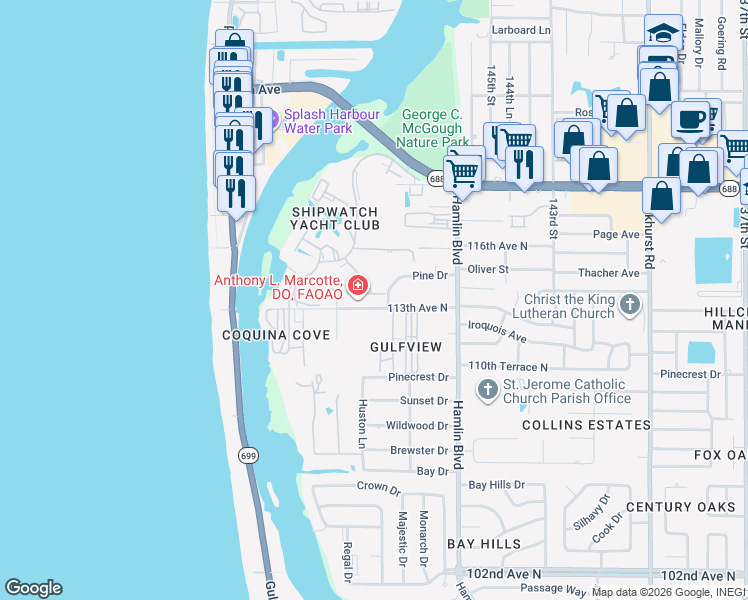 map of restaurants, bars, coffee shops, grocery stores, and more near 14799 113th Avenue North in Largo