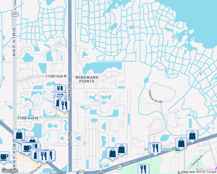 map of restaurants, bars, coffee shops, grocery stores, and more near 163 114th Avenue Northeast in St. Petersburg