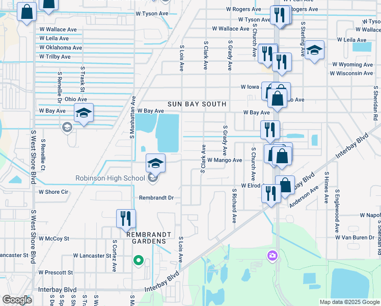 map of restaurants, bars, coffee shops, grocery stores, and more near 4110 West Olive Street in Tampa