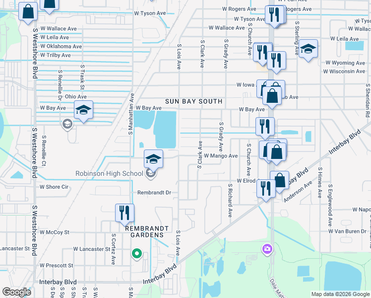 map of restaurants, bars, coffee shops, grocery stores, and more near 4110 West Olive Street in Tampa