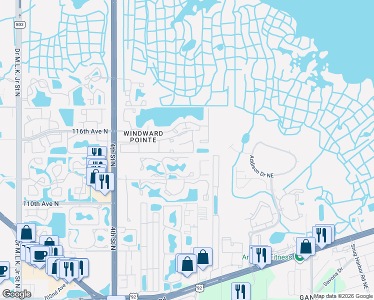 map of restaurants, bars, coffee shops, grocery stores, and more near 163 114th Avenue Northeast in St. Petersburg