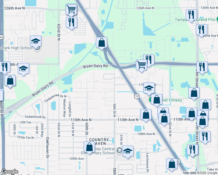 map of restaurants, bars, coffee shops, grocery stores, and more near 5815 114th Terrace North in Pinellas Park