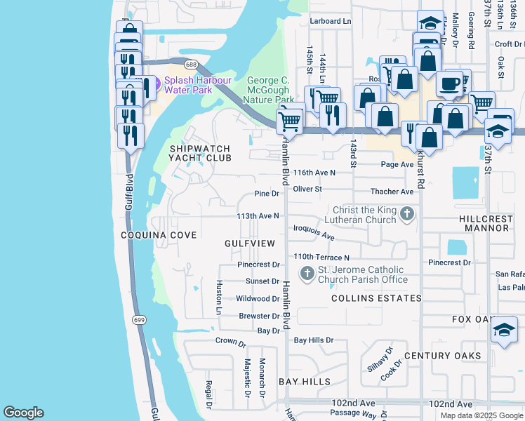 map of restaurants, bars, coffee shops, grocery stores, and more near 14711 113th Avenue North in Largo