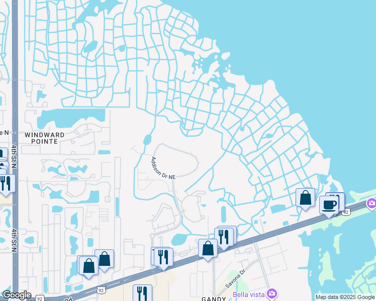 map of restaurants, bars, coffee shops, grocery stores, and more near 895 Addison Drive Northeast in St. Petersburg