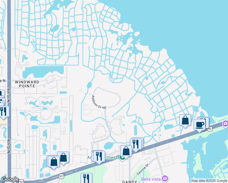 map of restaurants, bars, coffee shops, grocery stores, and more near 895 Addison Drive Northeast in St. Petersburg