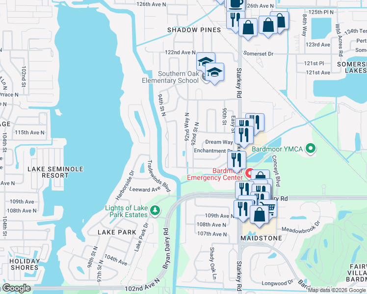 map of restaurants, bars, coffee shops, grocery stores, and more near 11376 92nd Way North in Largo