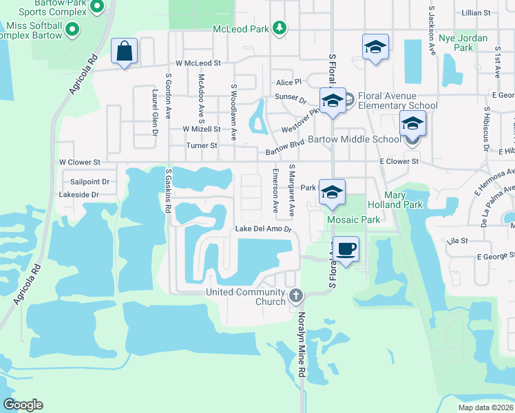 map of restaurants, bars, coffee shops, grocery stores, and more near 865 Willow Lane in Bartow