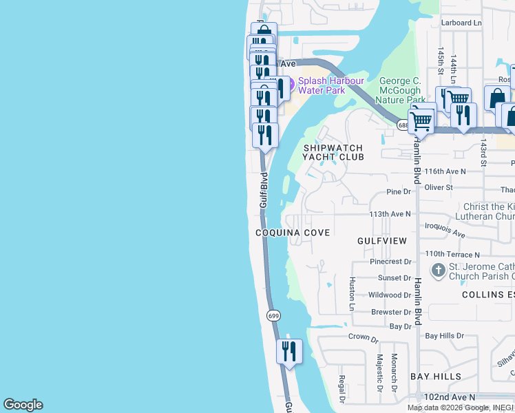 map of restaurants, bars, coffee shops, grocery stores, and more near 60 Gulf Boulevard in Indian Rocks Beach