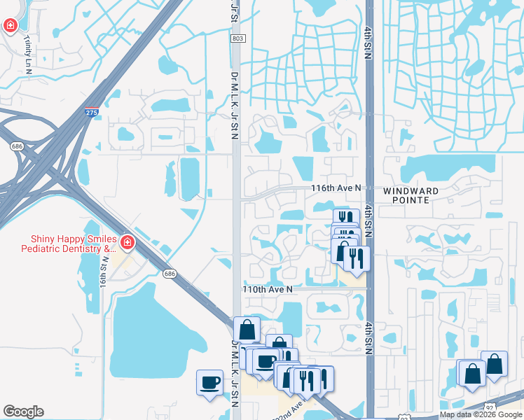 map of restaurants, bars, coffee shops, grocery stores, and more near 11409 8th Street North in Saint Petersburg