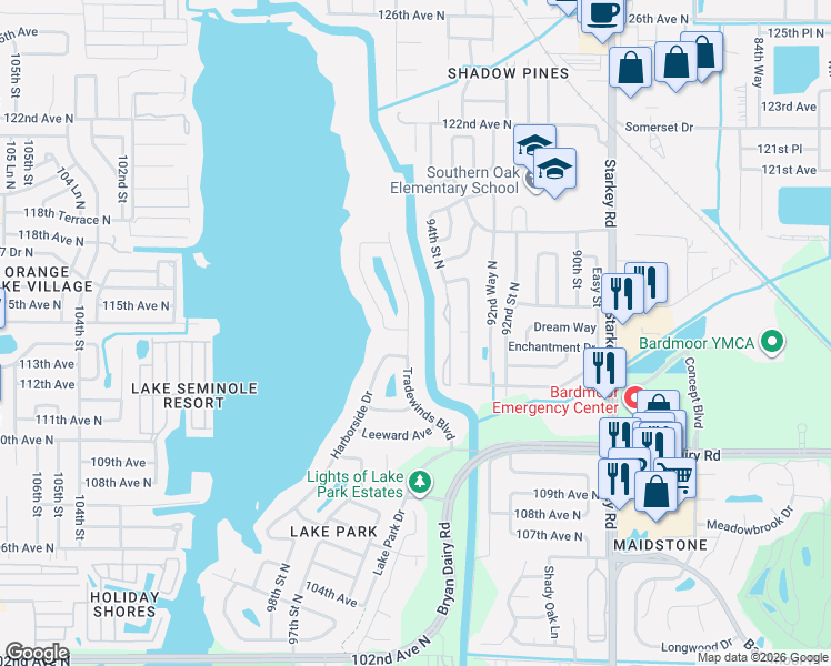 map of restaurants, bars, coffee shops, grocery stores, and more near 11379 Tradewinds Boulevard in Largo
