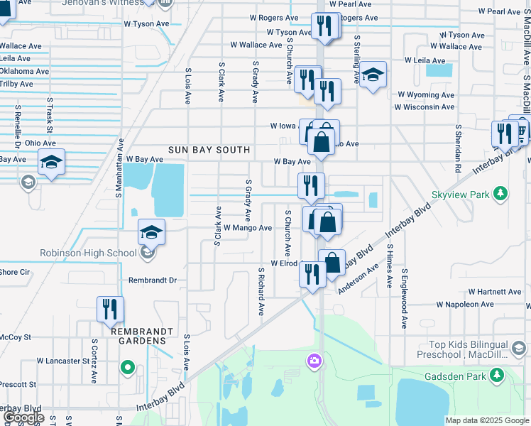 map of restaurants, bars, coffee shops, grocery stores, and more near 6244 South Grady Avenue in Tampa