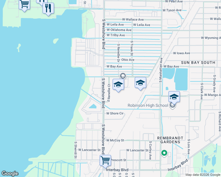 map of restaurants, bars, coffee shops, grocery stores, and more near 6324 South Renellie Court in Tampa