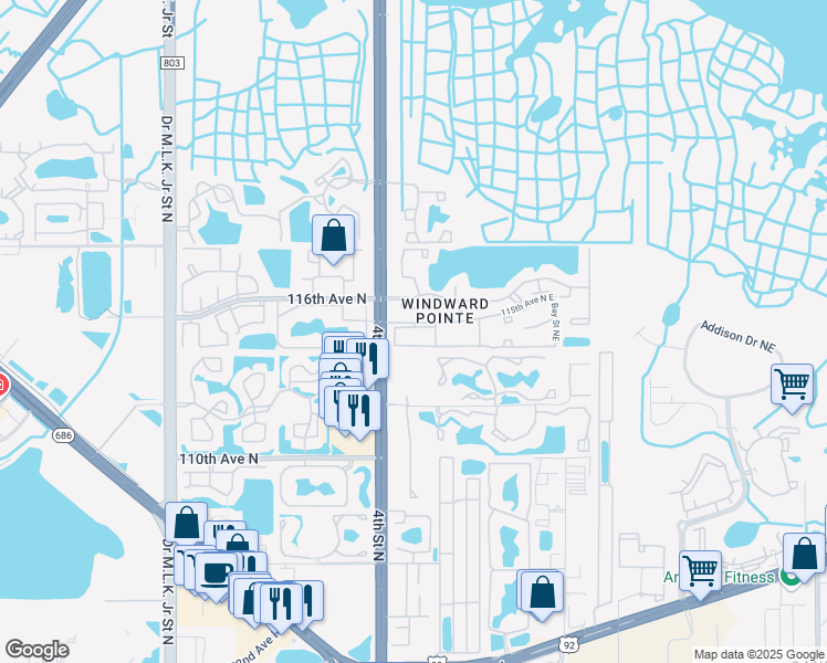map of restaurants, bars, coffee shops, grocery stores, and more near 374 115th Avenue North in St. Petersburg