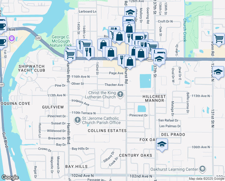 map of restaurants, bars, coffee shops, grocery stores, and more near 14160 113th Ave N in Largo