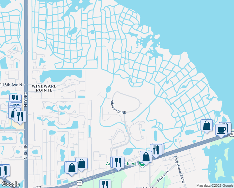 map of restaurants, bars, coffee shops, grocery stores, and more near 927 Addison Drive Northeast in St. Petersburg
