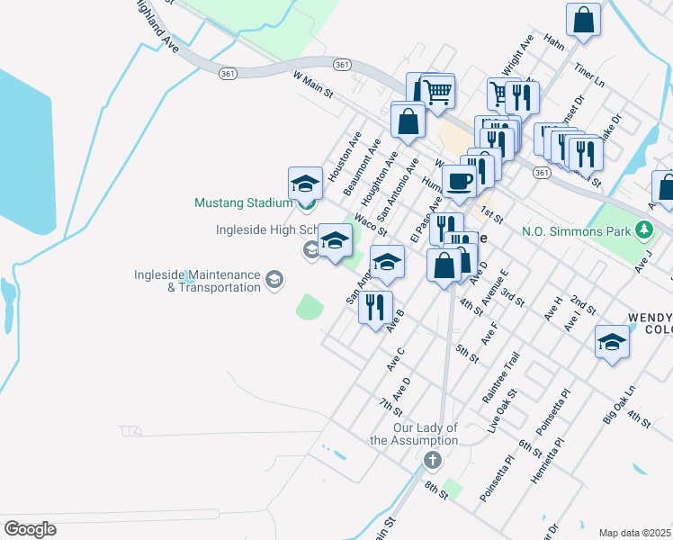 map of restaurants, bars, coffee shops, grocery stores, and more near 2739 Mustang Drive in Ingleside