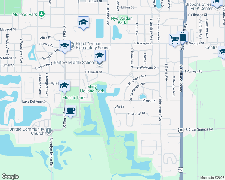 map of restaurants, bars, coffee shops, grocery stores, and more near 845 De La Bosque Avenue in Bartow