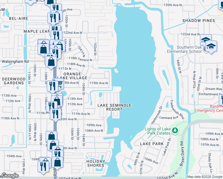 map of restaurants, bars, coffee shops, grocery stores, and more near 10118 114th Terrace North in Largo