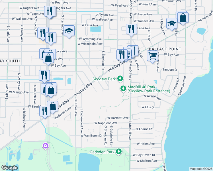 map of restaurants, bars, coffee shops, grocery stores, and more near 6315 South Selbourne Avenue in Tampa
