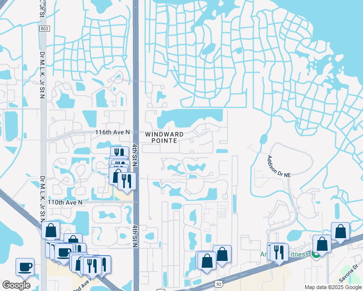 map of restaurants, bars, coffee shops, grocery stores, and more near 284 115th Avenue North in Saint Petersburg