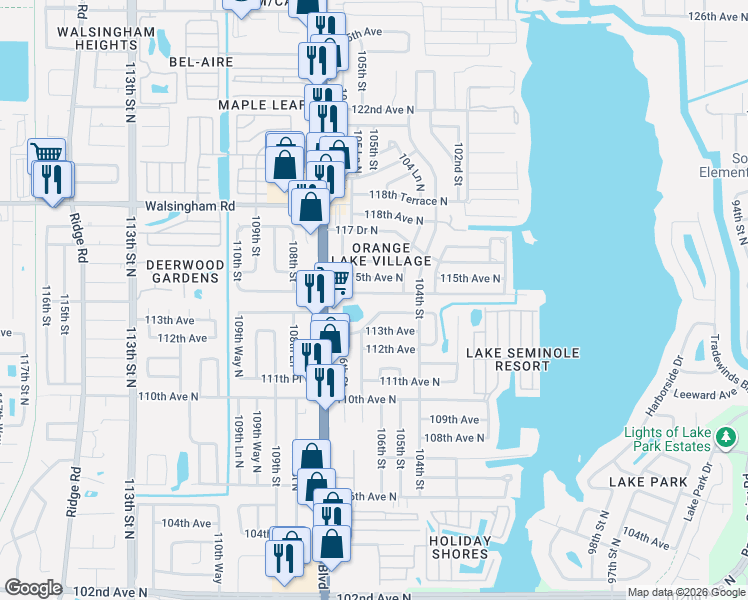 map of restaurants, bars, coffee shops, grocery stores, and more near 10563 114th Avenue North in Largo