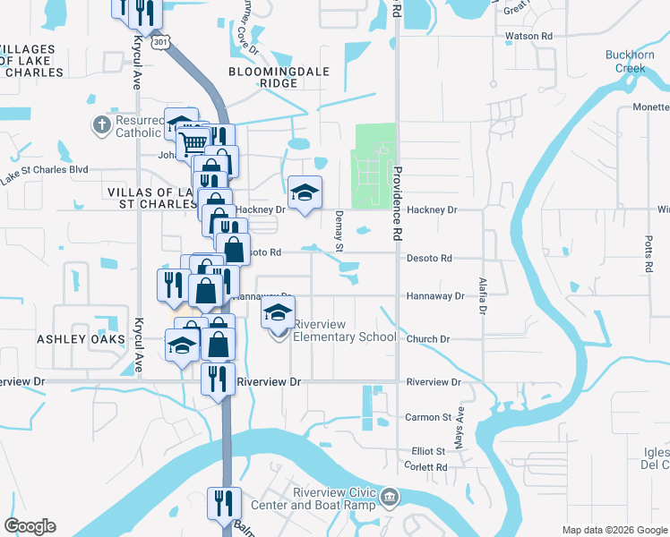 map of restaurants, bars, coffee shops, grocery stores, and more near 11023 Desoto Road in Riverview