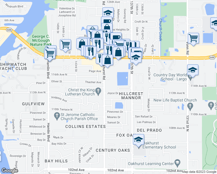 map of restaurants, bars, coffee shops, grocery stores, and more near 13941 Joyce Drive in Largo