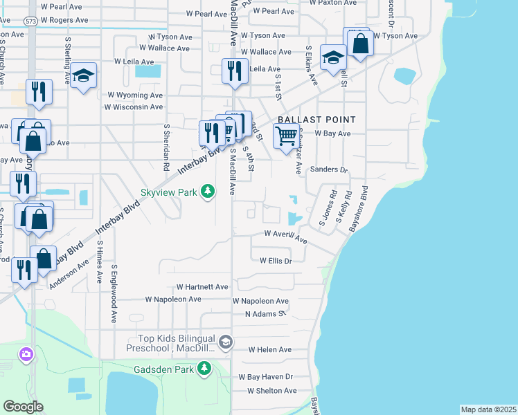 map of restaurants, bars, coffee shops, grocery stores, and more near 6306 South MacDill Avenue in Tampa