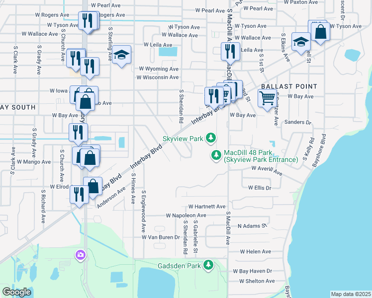 map of restaurants, bars, coffee shops, grocery stores, and more near 6313 South Selbourne Avenue in Tampa