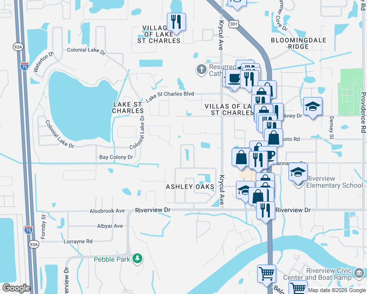 map of restaurants, bars, coffee shops, grocery stores, and more near 7437 Mint Julep Drive in Riverview