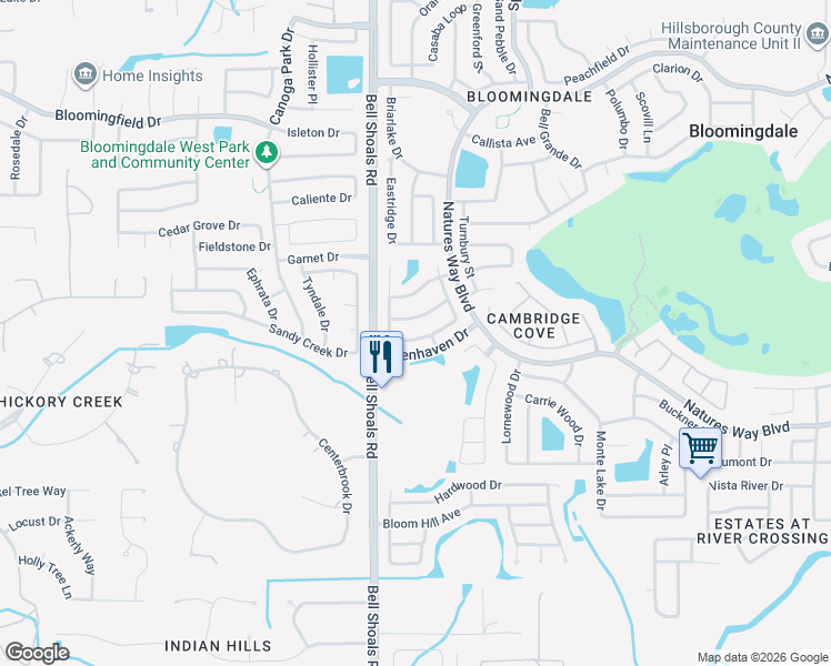 map of restaurants, bars, coffee shops, grocery stores, and more near 4136 Spring Way Circle in Valrico