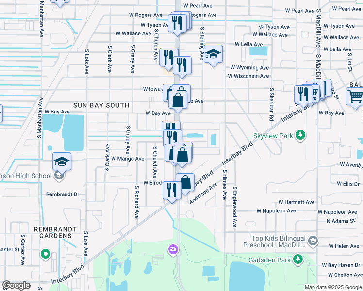 map of restaurants, bars, coffee shops, grocery stores, and more near 6232 South Dale Mabry Highway in Tampa