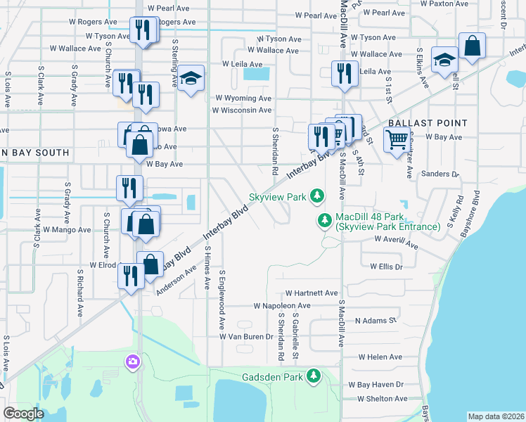 map of restaurants, bars, coffee shops, grocery stores, and more near 6307 South Main Avenue in Tampa