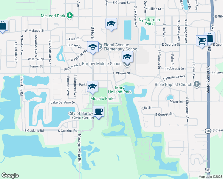 map of restaurants, bars, coffee shops, grocery stores, and more near 1910 South Broadway Avenue in Bartow