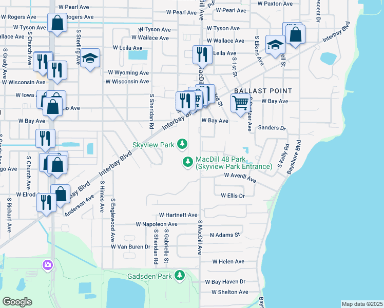 map of restaurants, bars, coffee shops, grocery stores, and more near 6334 South MacDill Avenue in Tampa