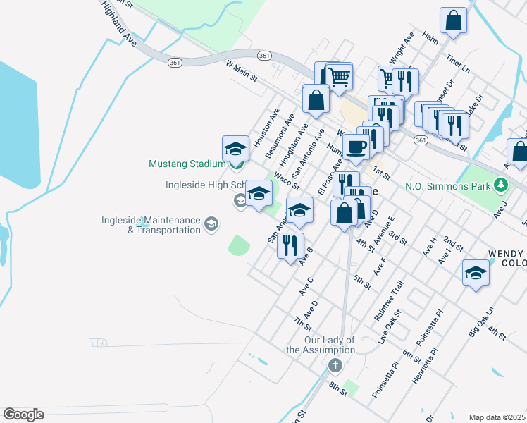 map of restaurants, bars, coffee shops, grocery stores, and more near 2739 Mustang Drive in Ingleside